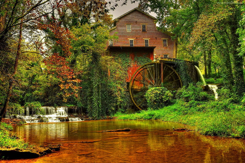Brick Mill with Waterwheel — Green, Serene