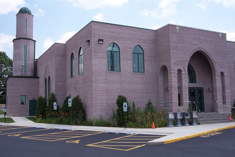 Brick mosque with minaret