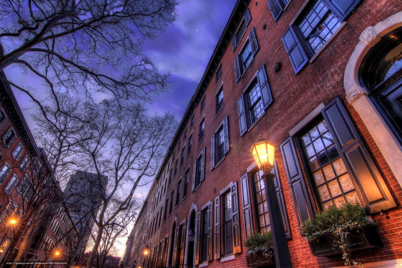 Brick row houses at dusk