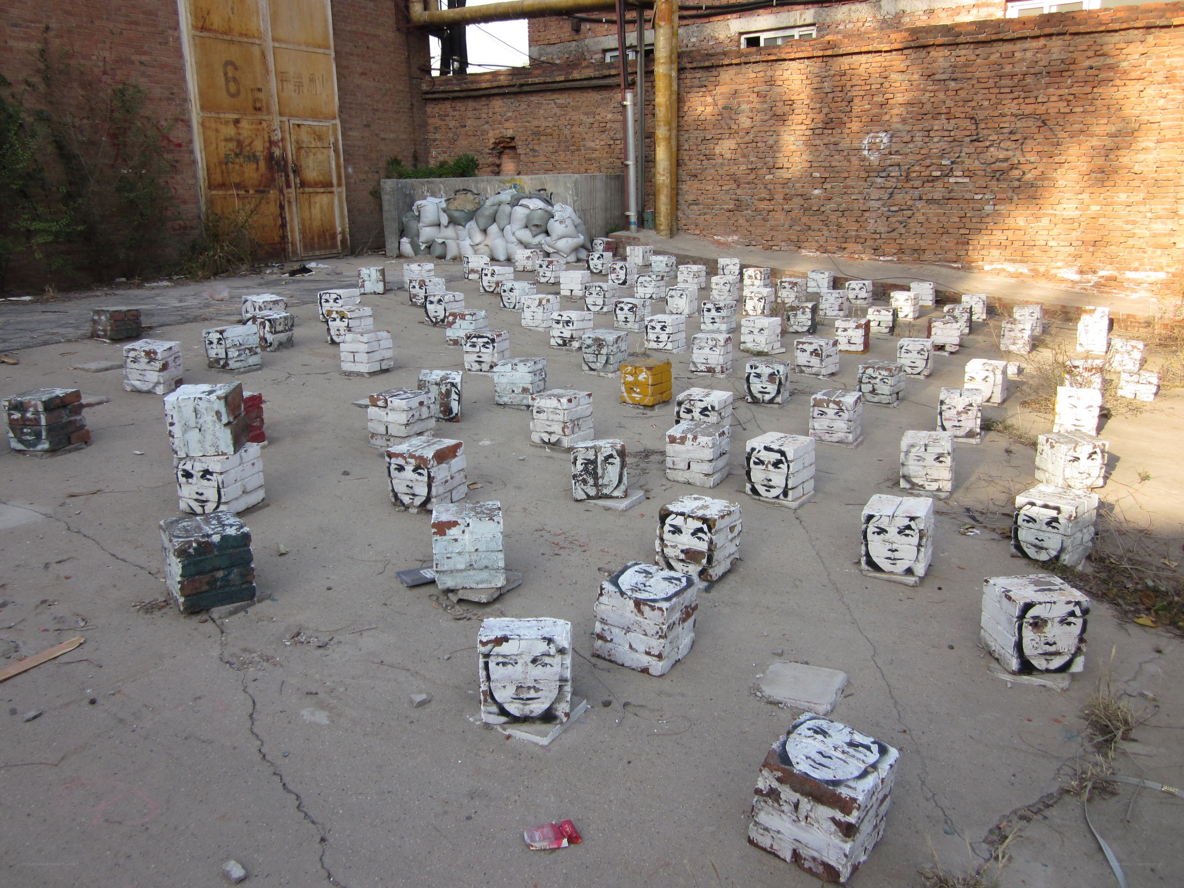 Brick sculptures with faces