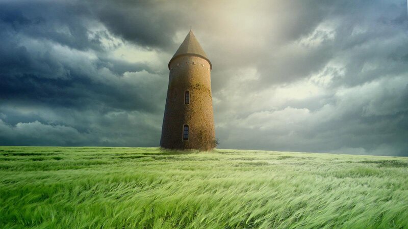 Brick Tower in Field — Green, Dramatic