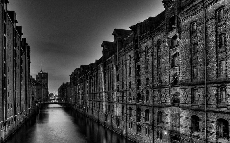Brick Warehouse Buildings — Black, Dramatic, Night, Photograph, Canal, Bridge, Skyscraper, White