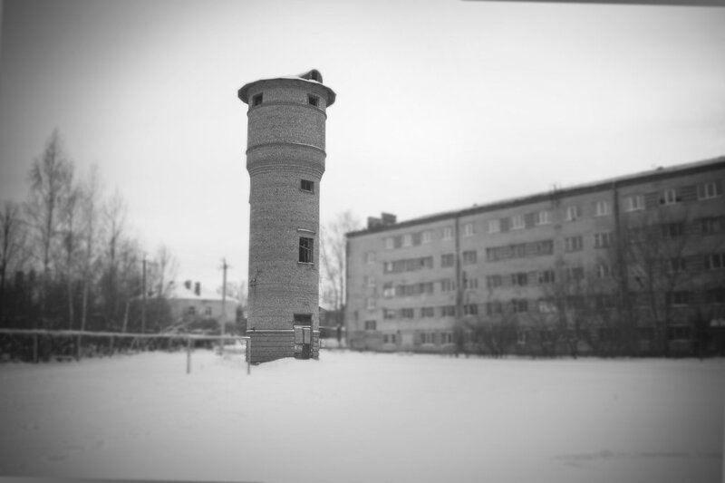 Brick water tower in winter