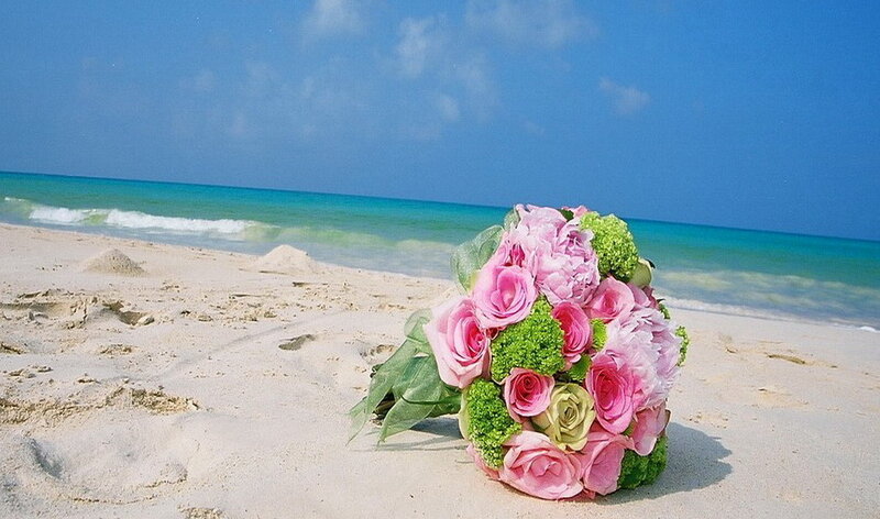 Bridal bouquet on a tropical beach