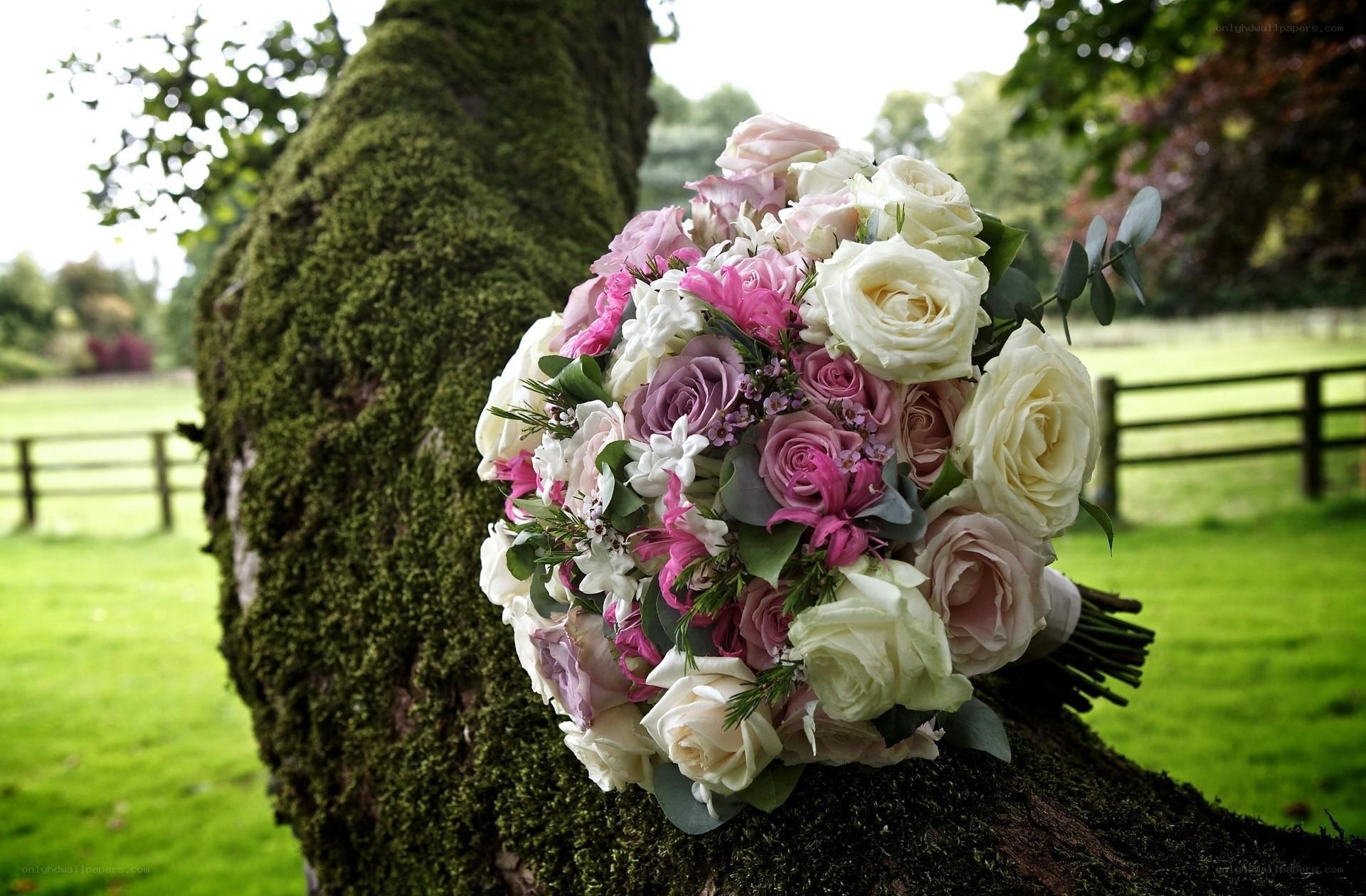 Bridal bouquet on mossy tree