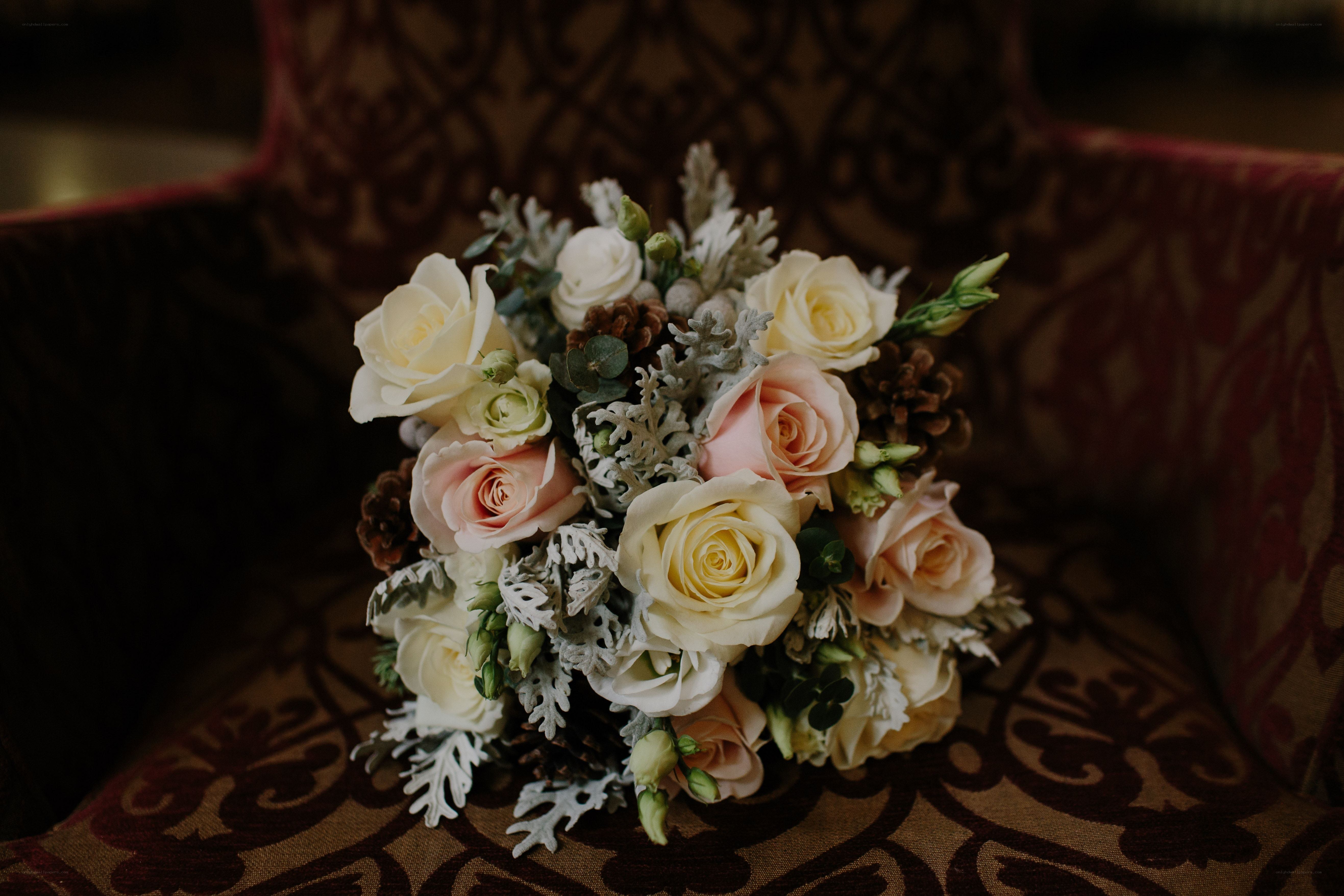 Bridal bouquet on patterned chair