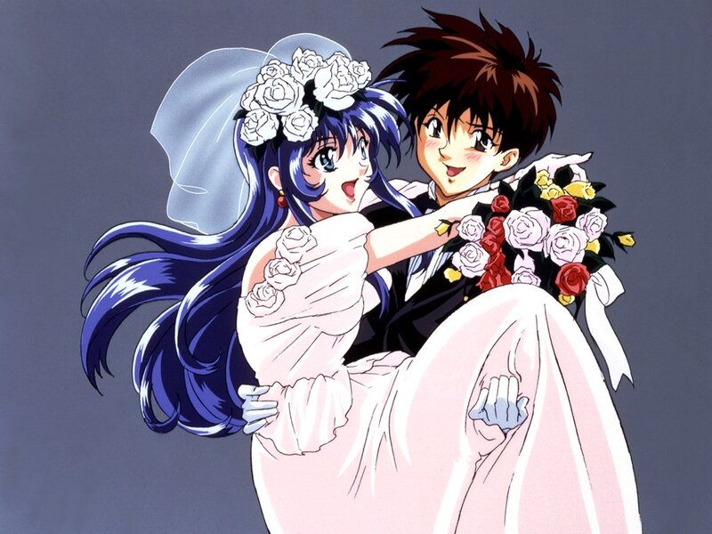 Bride and Groom Couple — Blue, Joyful, Anime