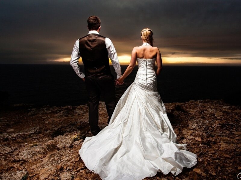 Bride and Groom Couple — White, Dramatic, Sunset