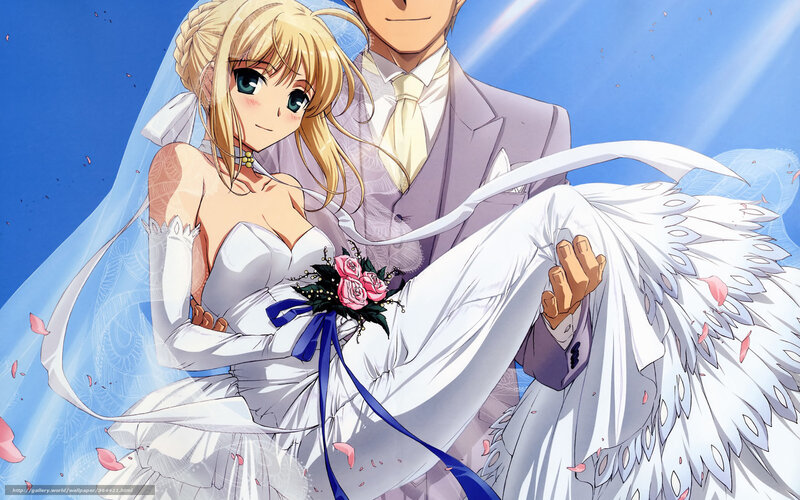 Bride and Groom Couple — White, Joyful, Afternoon, Anime, Wedding Dress