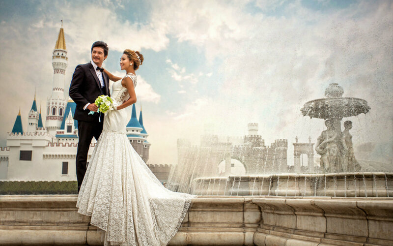 Bride and Groom Couple — White, Romantic, Afternoon, Photograph, Castle