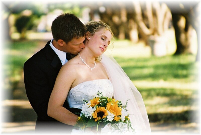 Bride and groom embracing