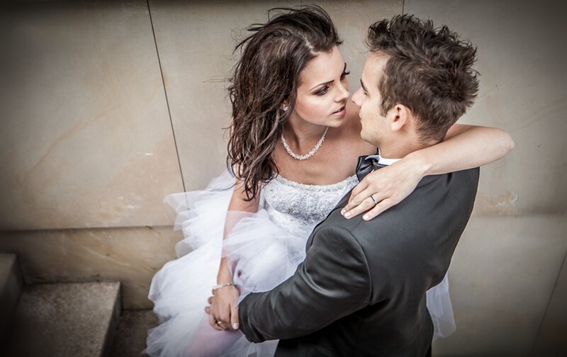 Bride and Groom Embracing — White, Intimate, Photograph