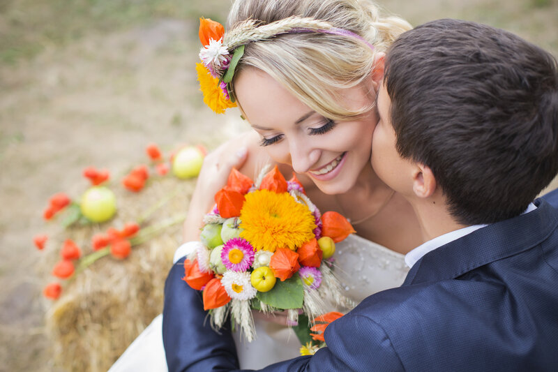 Bride and Groom Embracing — White, Romantic, Afternoon