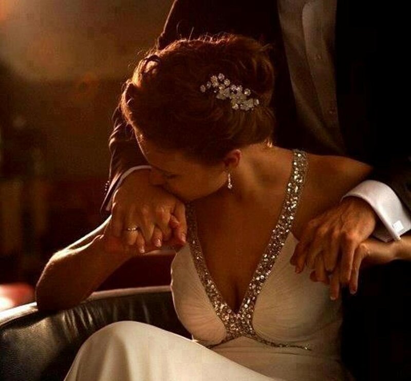 Bride and Groom Embracing — White, Romantic, Sunset, Photograph
