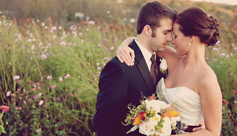 Bride and Groom Embracing — White, Romantic, Sunset