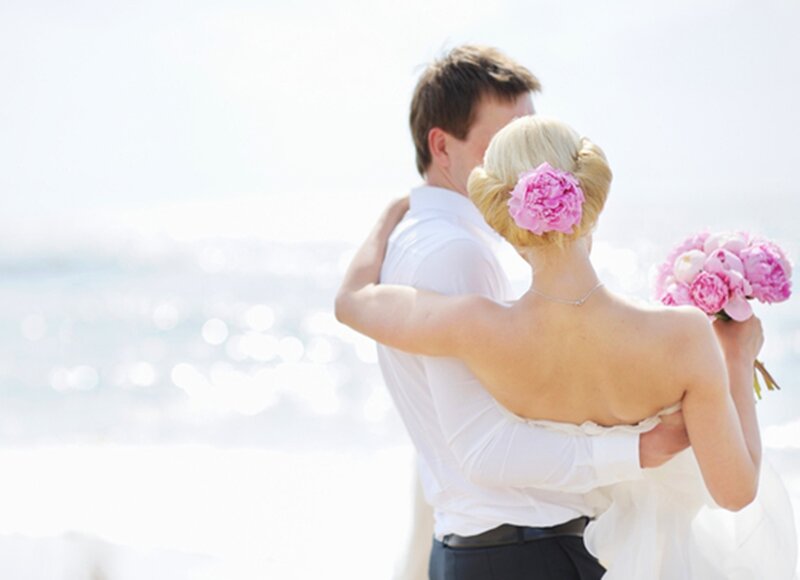 Bride and Groom Hugging — White