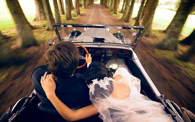 Bride and Groom in Car — White, Romantic