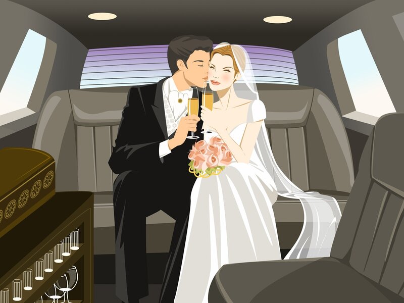 Bride and groom in limo