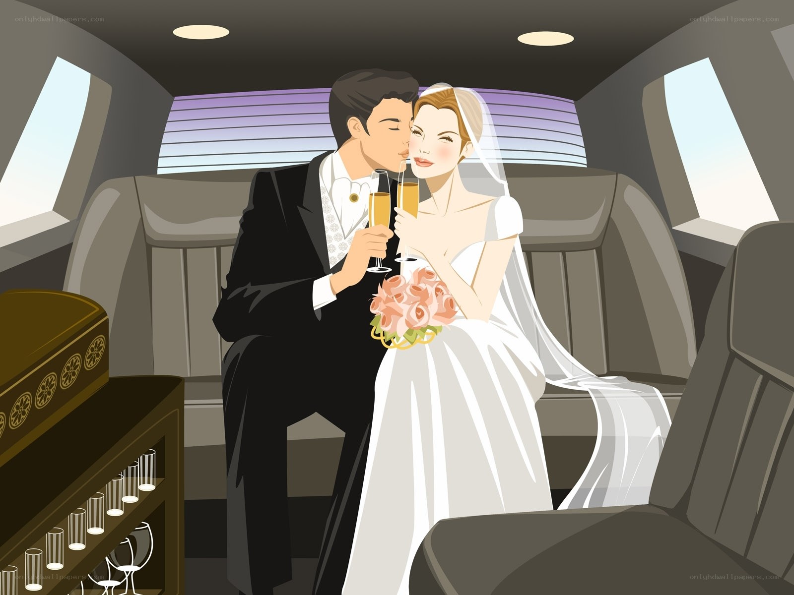Bride and groom in limo