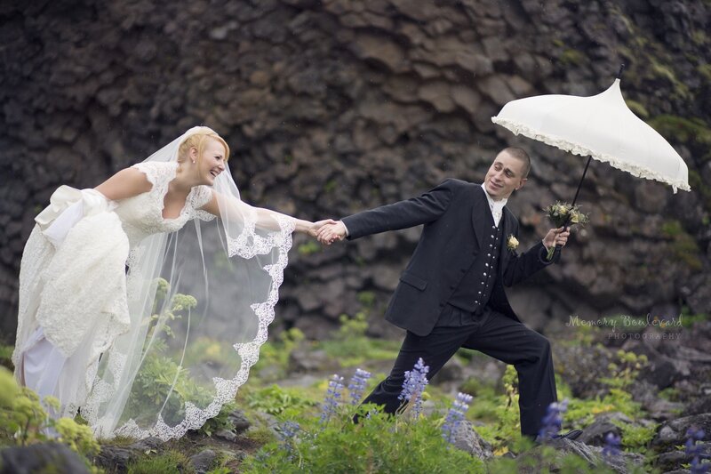 Bride and Groom in Rain