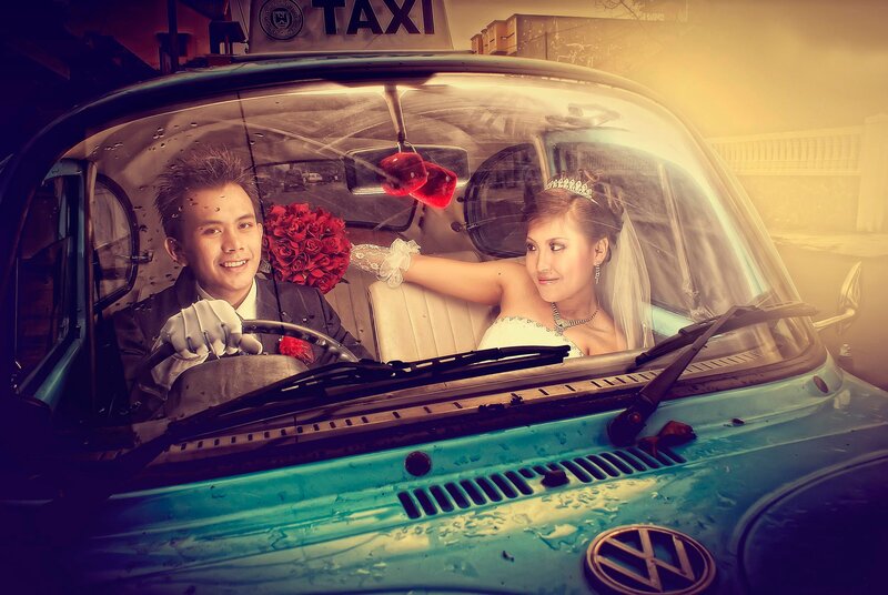 Bride and Groom in Taxi