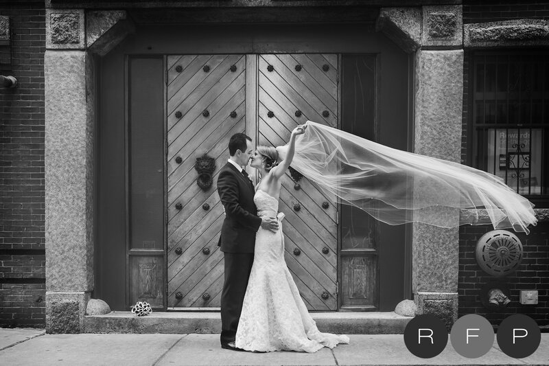 Bride and Groom Kissing — Black, Romantic, Photograph, Veil