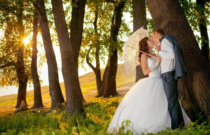 Bride and Groom Kissing — Green, Romantic