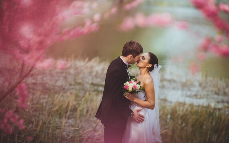 Bride and Groom Kissing — Pink
