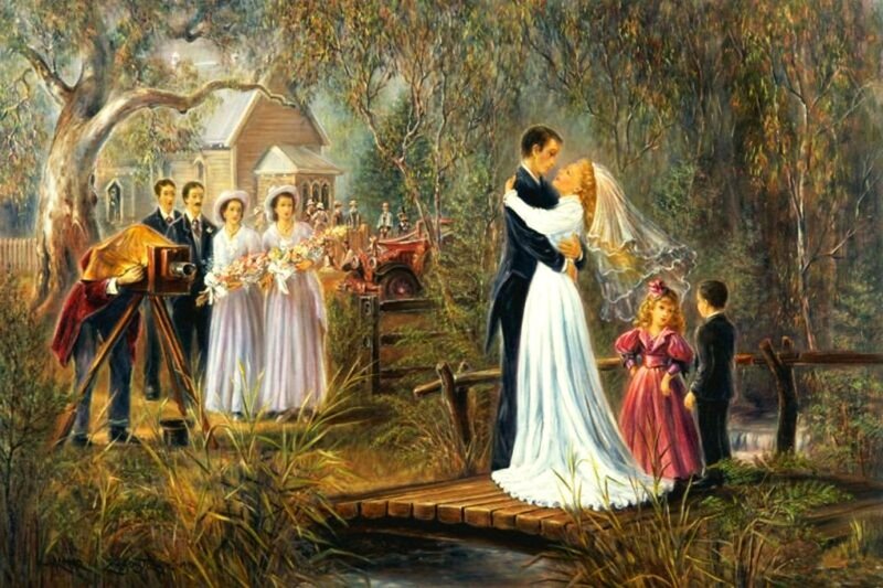 Bride and Groom Kissing — White, Romantic, Afternoon, Painting