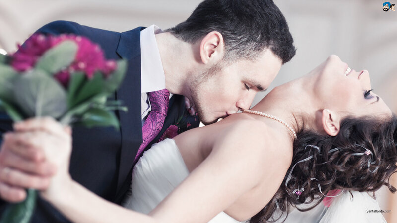 Bride and Groom Kissing — White, Romantic, Photograph, Flowers