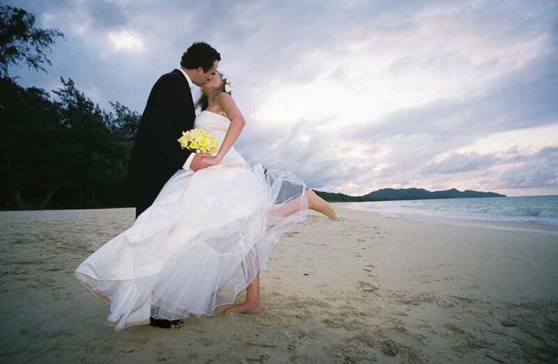 Bride and Groom Kissing — White, Romantic, Sunset