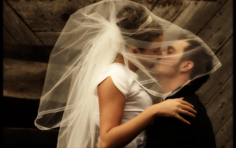 Bride and Groom Kissing — White, Romantic