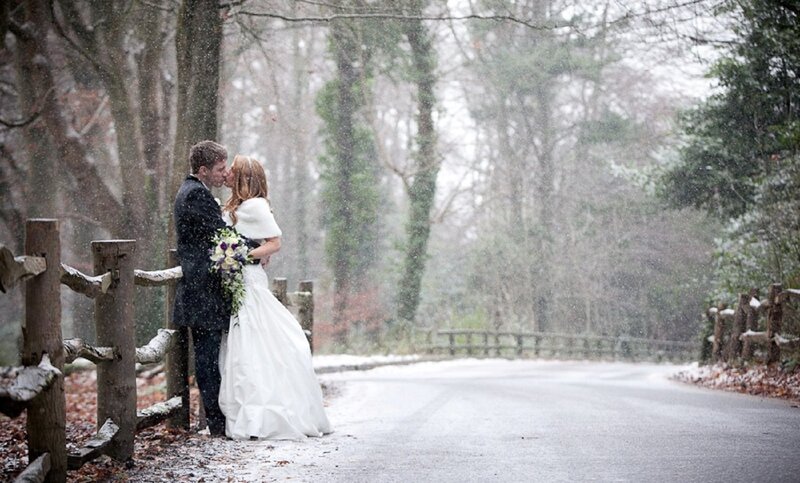 Bride and Groom Kissing — White, Romantic, Winter