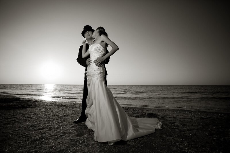 Bride and Groom on Beach — Black, Dramatic
