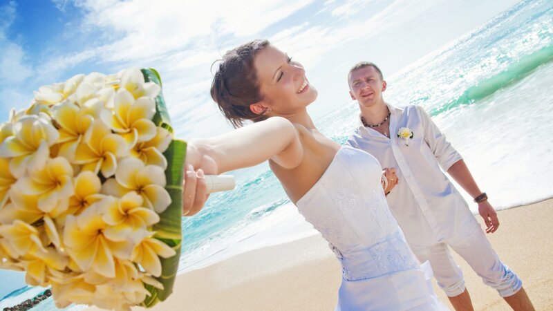 Bride and Groom on Beach — Blue, Joyful
