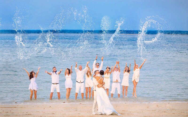 Bride and Groom on Beach — White, Joyful, Afternoon