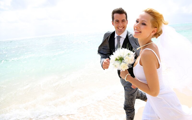 Bride and Groom on Beach — White, Joyful