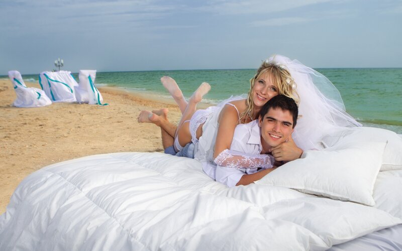 Bride and Groom on Beach — White, Romantic