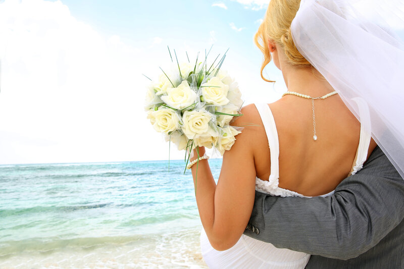 Bride and Groom on Beach — White, Serene, Afternoon, Photograph