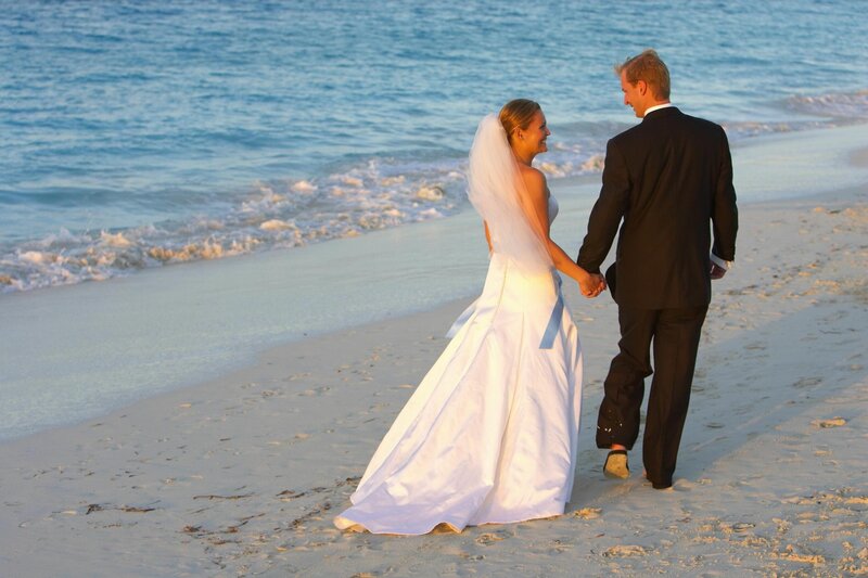 Bride and Groom on Beach — White, Serene, Sunset, Photograph, Ocean