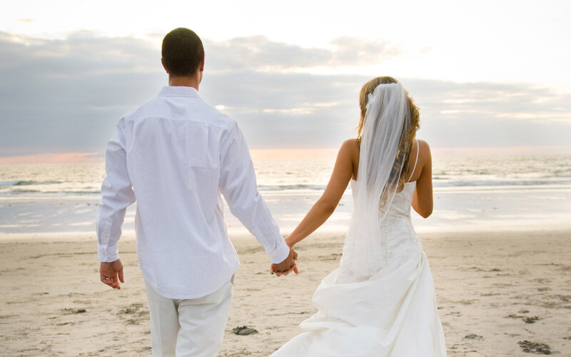 Bride and Groom on Beach — White, Serene, Sunset