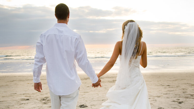 Bride and Groom on Beach — White, Serene