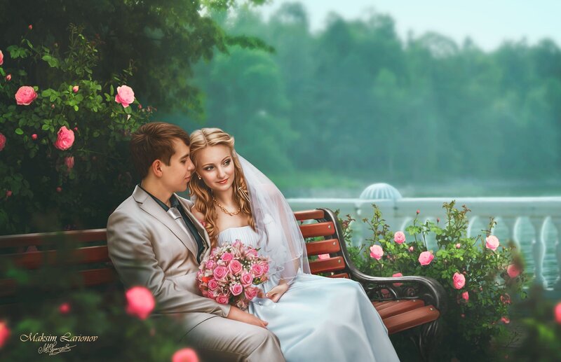 Bride and Groom on Bench — Pink
