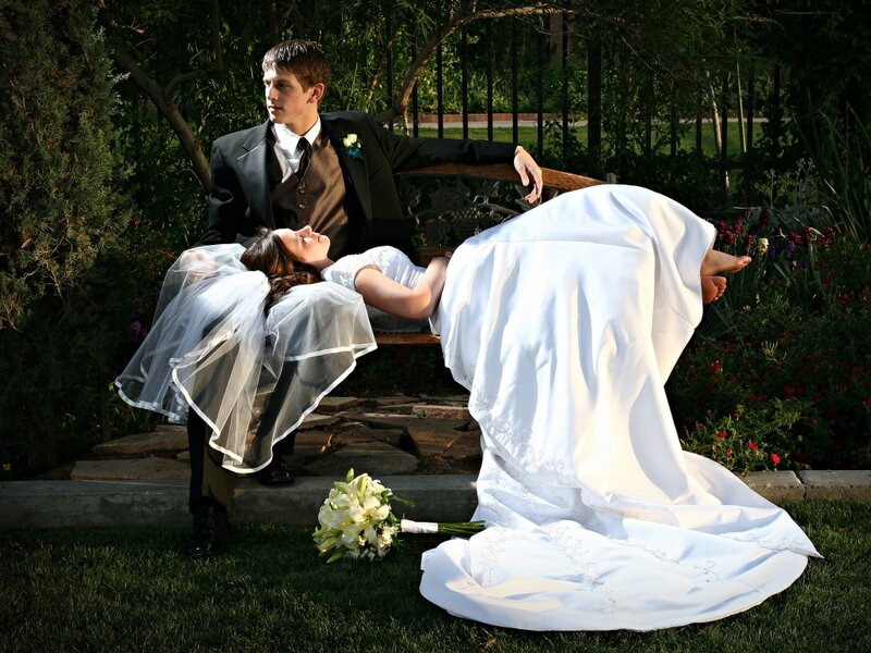 Bride and Groom on Bench