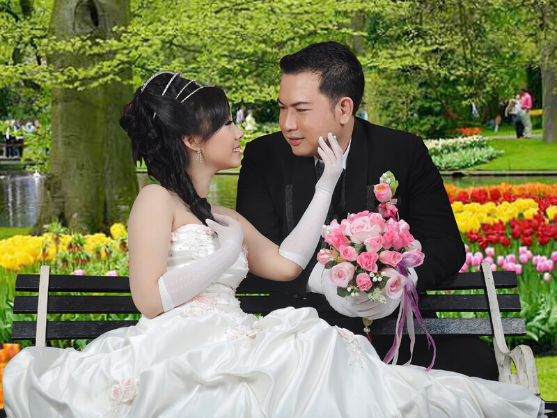 Bride and Groom on Bench — White