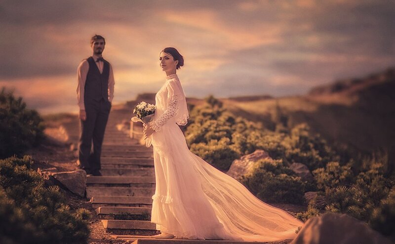 Bride and Groom on Steps