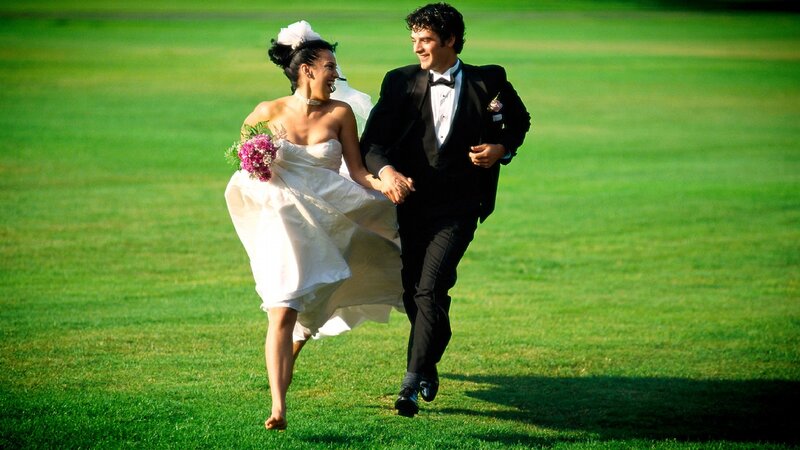 Bride and Groom Running — Green
