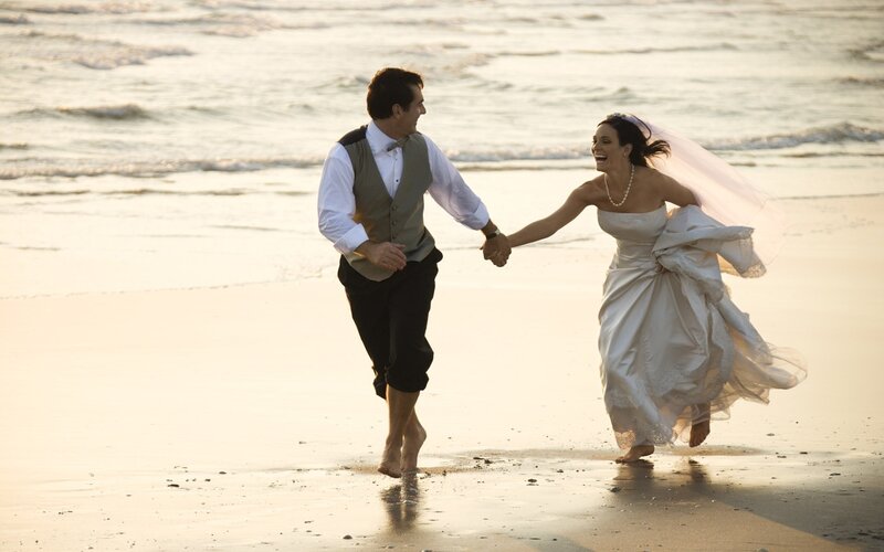 Bride and Groom Running — White, Joyful