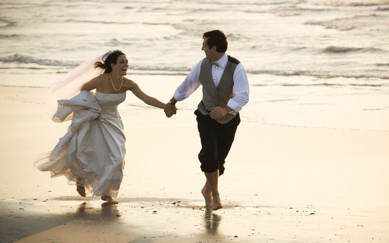 Bride and Groom Running — White