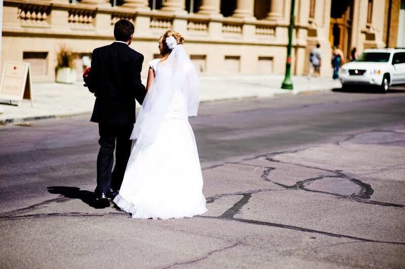 Bride and groom walking together